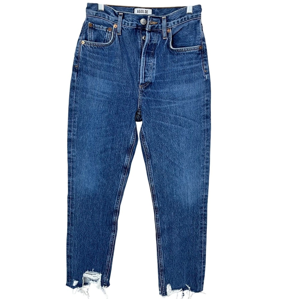 AGOLDE Jamie Jeans Women 24 Blue High Rise Straight Leg Distressed Raw Hem
